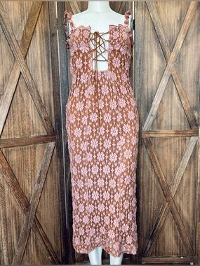 Free People sz M 4 -6 Floral Midi Maxi Embroidery Lace Dress in Dusty Rose Tan